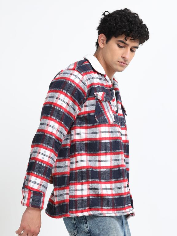 Men Checkered Long Sleeve Fur Collared Casual Brushed OverShirt