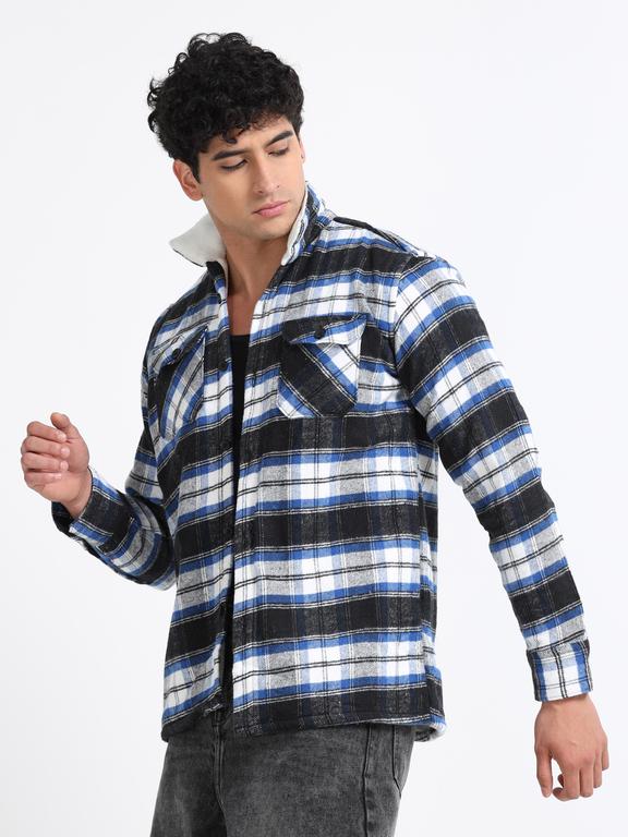 Men Checkered Long Sleeve Fur Collared Casual Brushed OverShirt