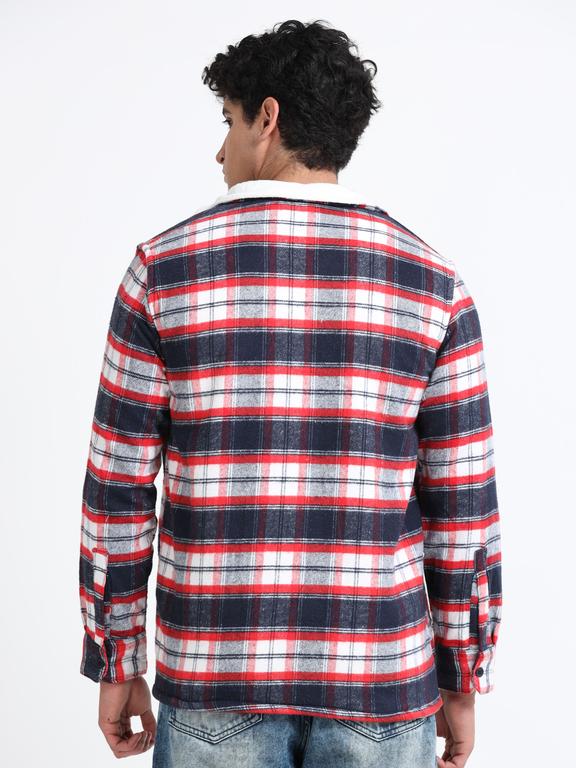 Men Checkered Long Sleeve Fur Collared Casual Brushed OverShirt