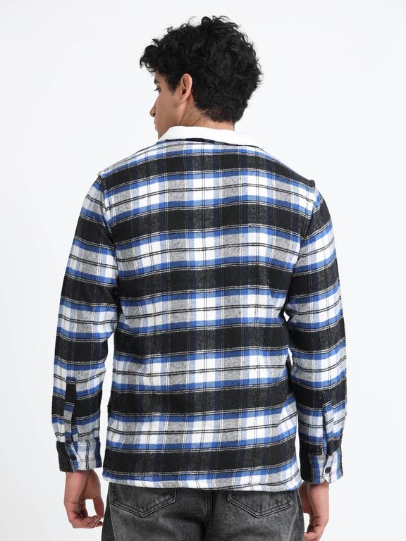 Men Checkered Long Sleeve Fur Collared Casual Brushed OverShirt