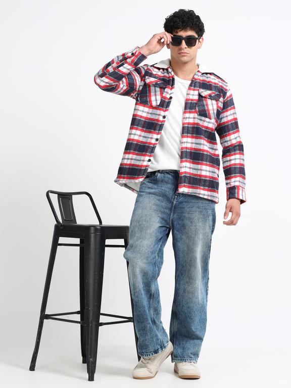 Men Checkered Long Sleeve Fur Collared Casual Brushed OverShirt
