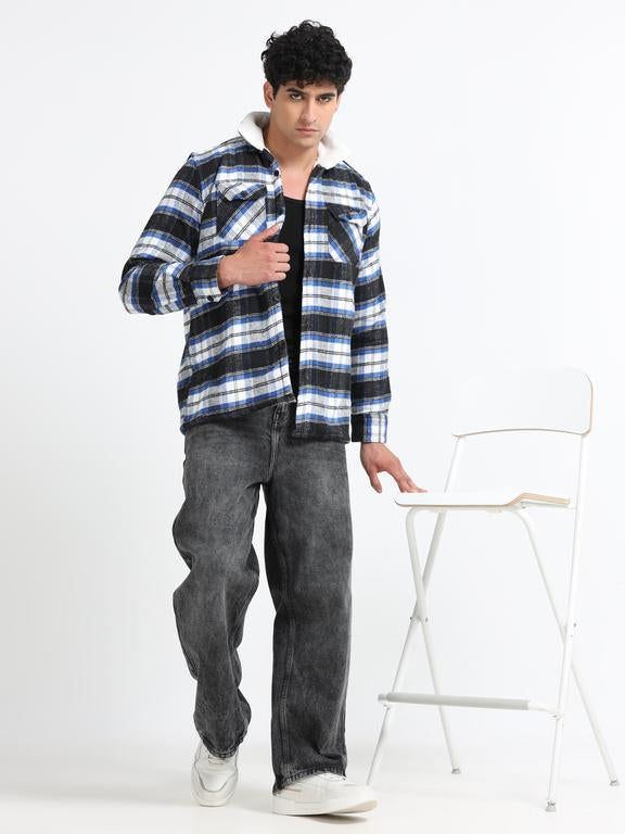 Men Checkered Long Sleeve Fur Collared Casual Brushed OverShirt