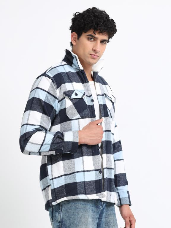 Men Checkered Long Sleeve Fur Collared Casual Brushed OverShirt