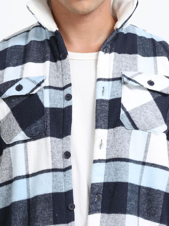 Men Checkered Long Sleeve Fur Collared Casual Brushed OverShirt