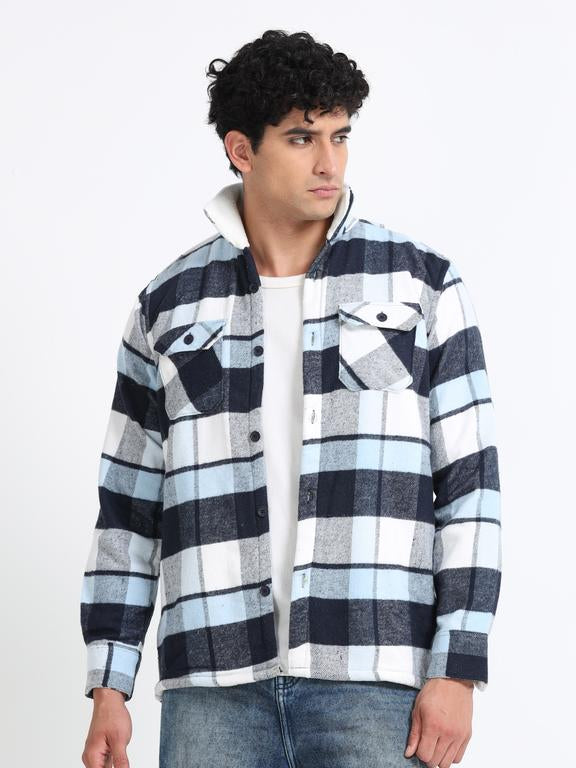 Men Checkered Long Sleeve Fur Collared Casual Brushed OverShirt