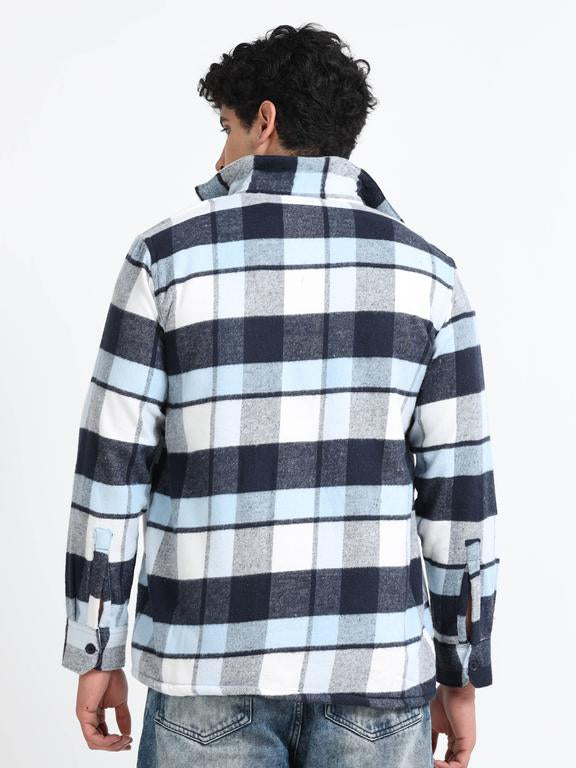 Men Checkered Long Sleeve Fur Collared Casual Brushed OverShirt