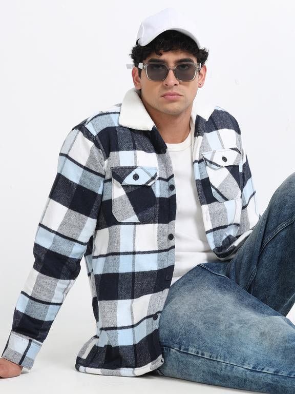 Men Checkered Long Sleeve Fur Collared Casual Brushed OverShirt
