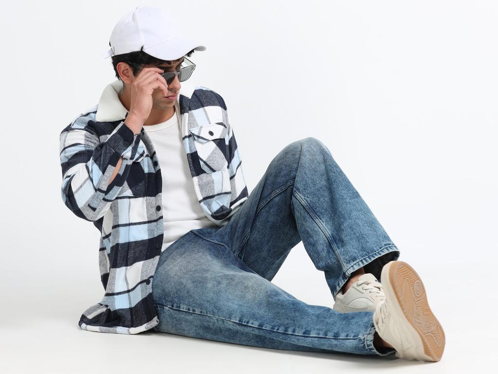 Men Checkered Long Sleeve Fur Collared Casual Brushed OverShirt