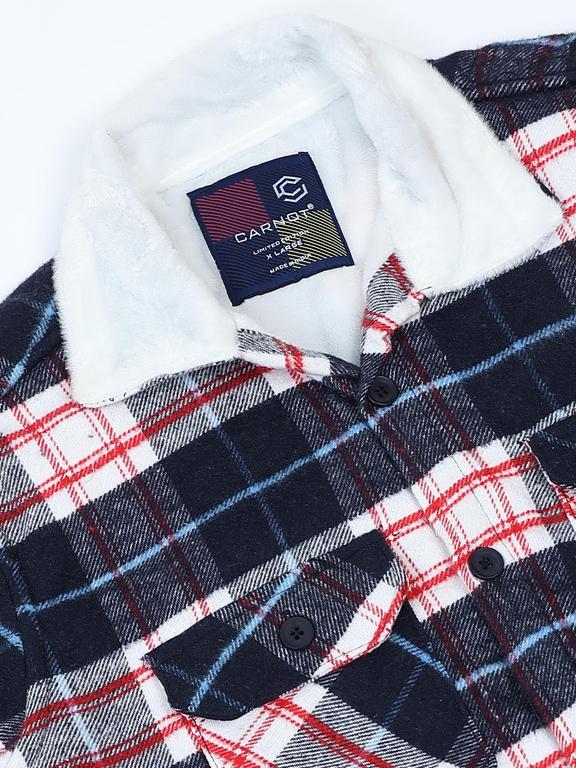 Men Checkered Long Sleeve Fur Collared Casual Brushed OverShirt