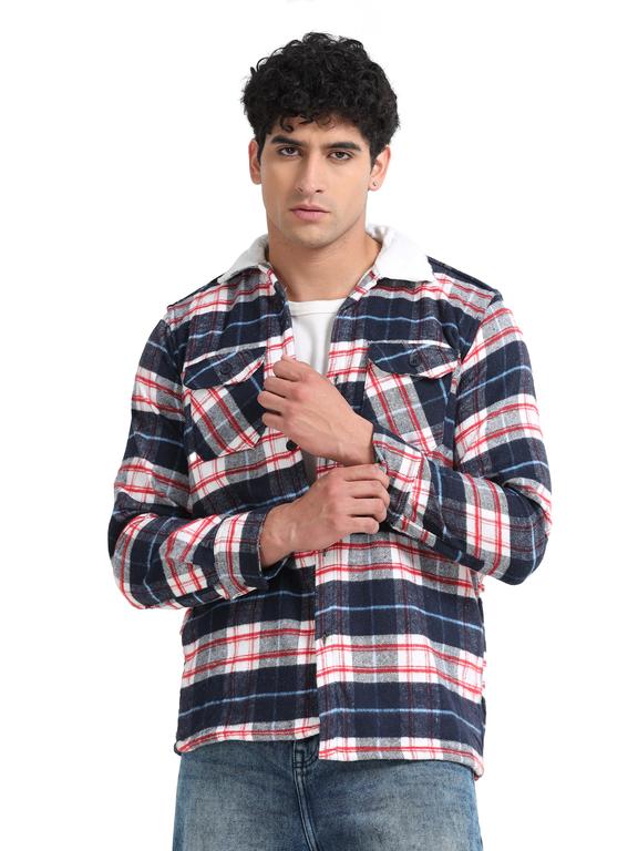 Men Checkered Long Sleeve Fur Collared Casual Brushed OverShirt