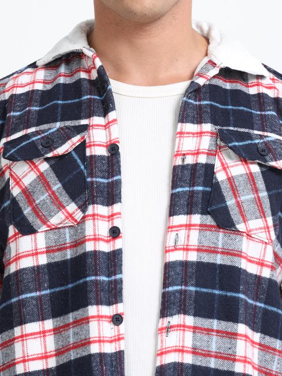 Men Checkered Long Sleeve Fur Collared Casual Brushed OverShirt