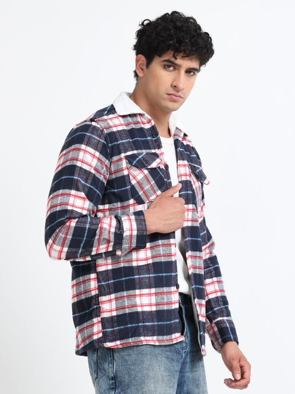 Men Checkered Long Sleeve Fur Collared Casual Brushed OverShirt