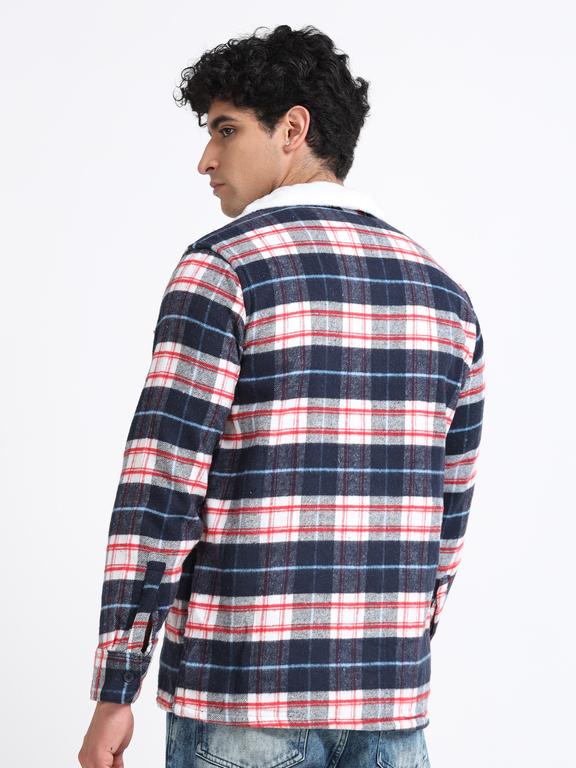 Men Checkered Long Sleeve Fur Collared Casual Brushed OverShirt