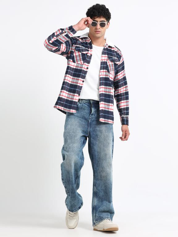 Men Checkered Long Sleeve Fur Collared Casual Brushed OverShirt