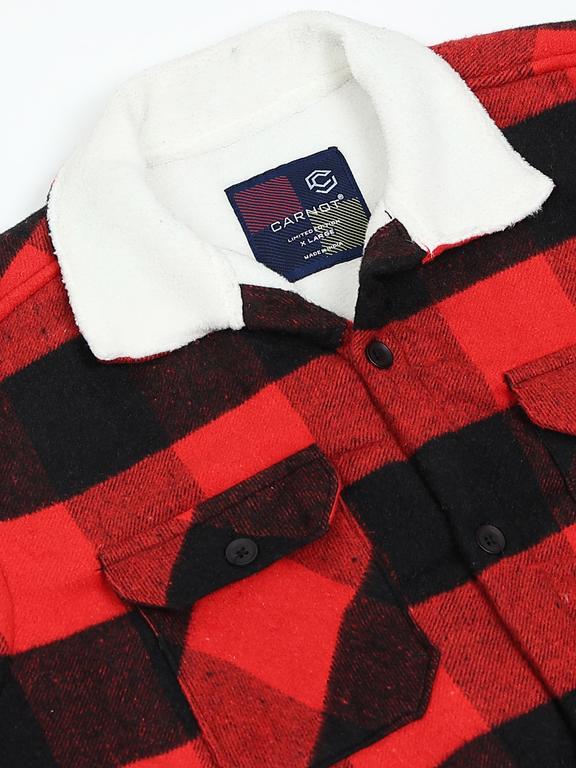 Men Checkered Long Sleeve Fur Collared Casual Brushed OverShirt