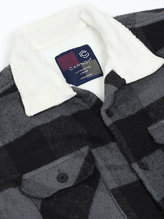 Men Checkered Long Sleeve Fur Collared Casual Brushed OverShirt