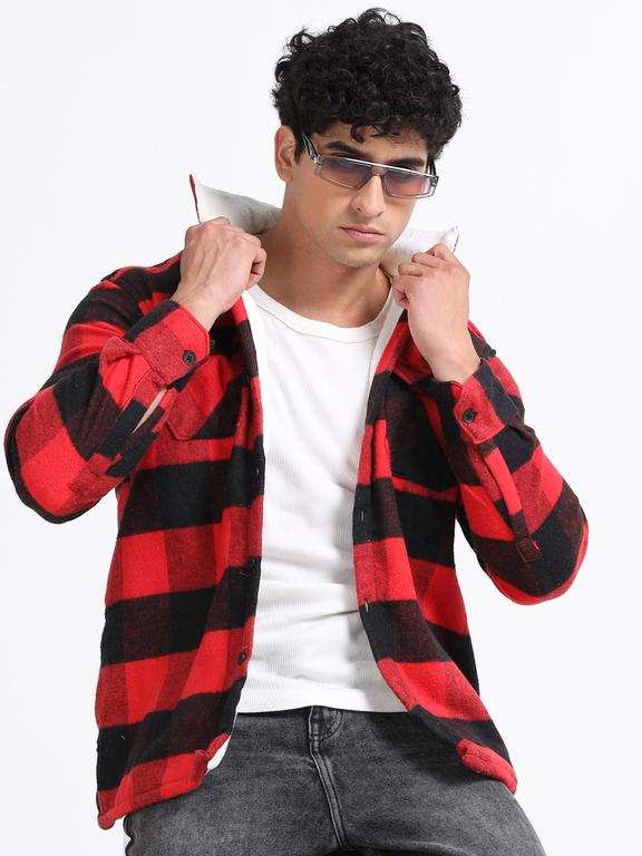 Men Checkered Long Sleeve Fur Collared Casual Brushed OverShirt