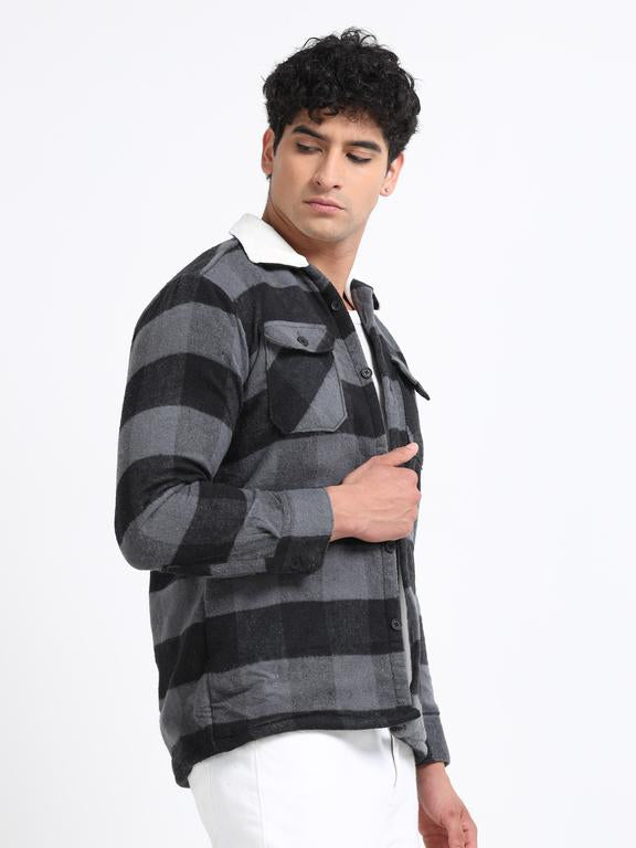 Men Checkered Long Sleeve Fur Collared Casual Brushed OverShirt