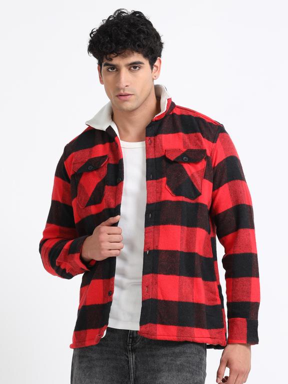 Men Checkered Long Sleeve Fur Collared Casual Brushed OverShirt