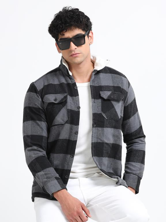 Men Checkered Long Sleeve Fur Collared Casual Brushed OverShirt