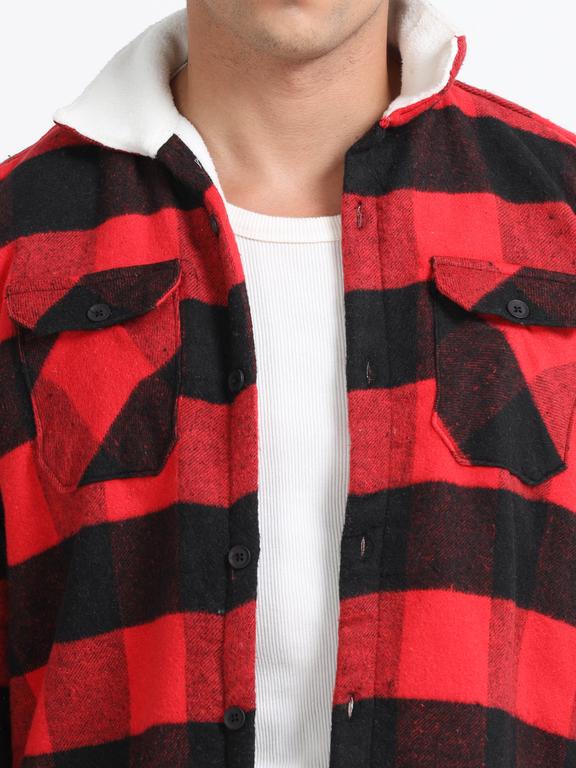 Men Checkered Long Sleeve Fur Collared Casual Brushed OverShirt