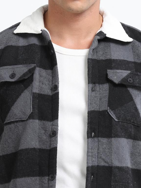 Men Checkered Long Sleeve Fur Collared Casual Brushed OverShirt