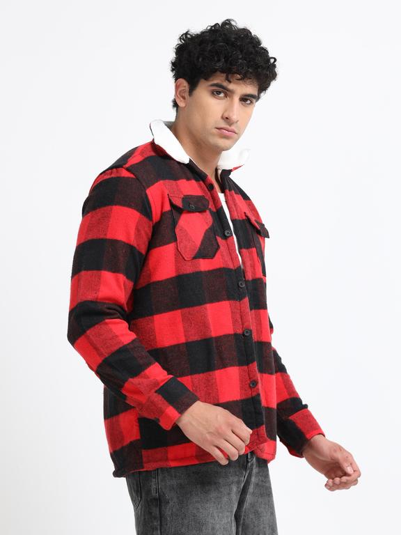 Men Checkered Long Sleeve Fur Collared Casual Brushed OverShirt