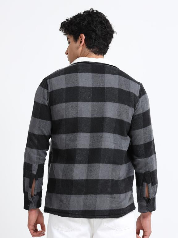 Men Checkered Long Sleeve Fur Collared Casual Brushed OverShirt