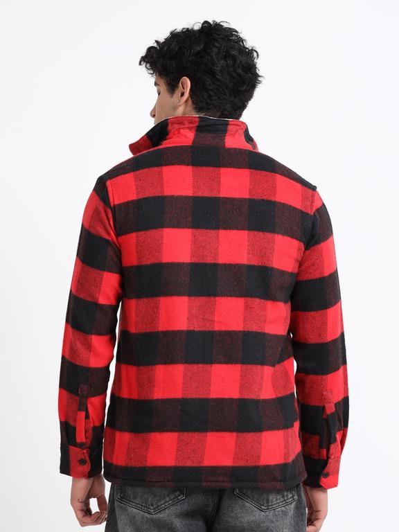 Men Checkered Long Sleeve Fur Collared Casual Brushed OverShirt