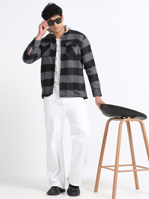 Men Checkered Long Sleeve Fur Collared Casual Brushed OverShirt