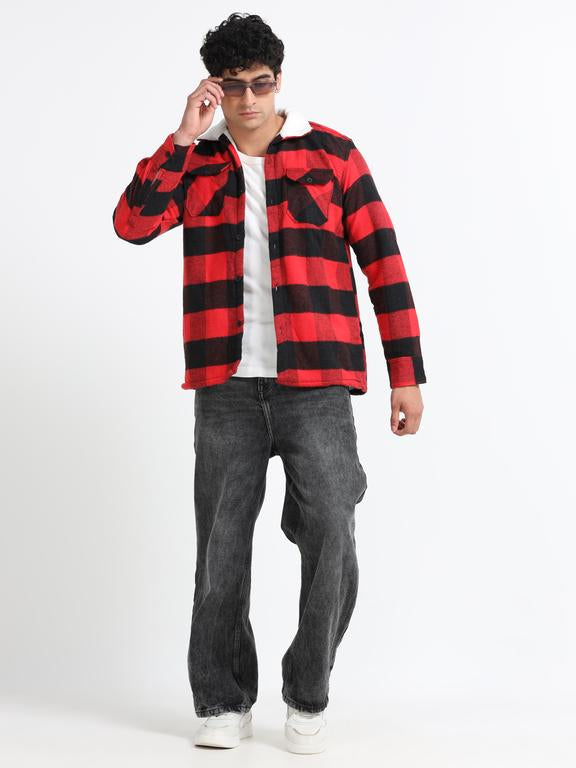 Men Checkered Long Sleeve Fur Collared Casual Brushed OverShirt