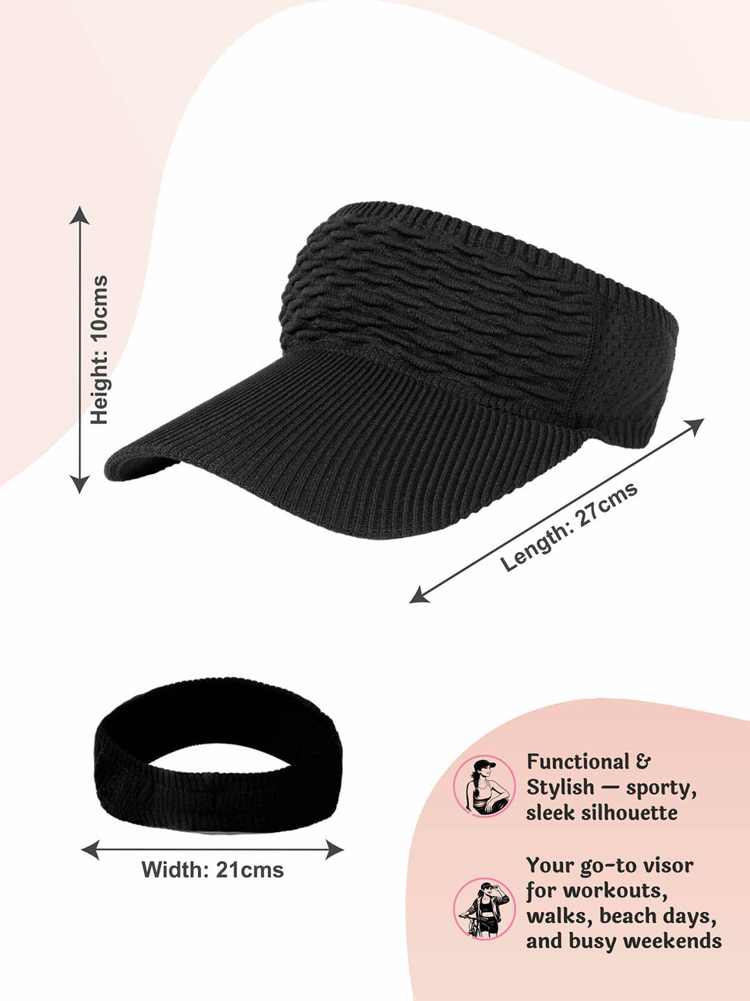 Black Ribbed Sun Visor Cap