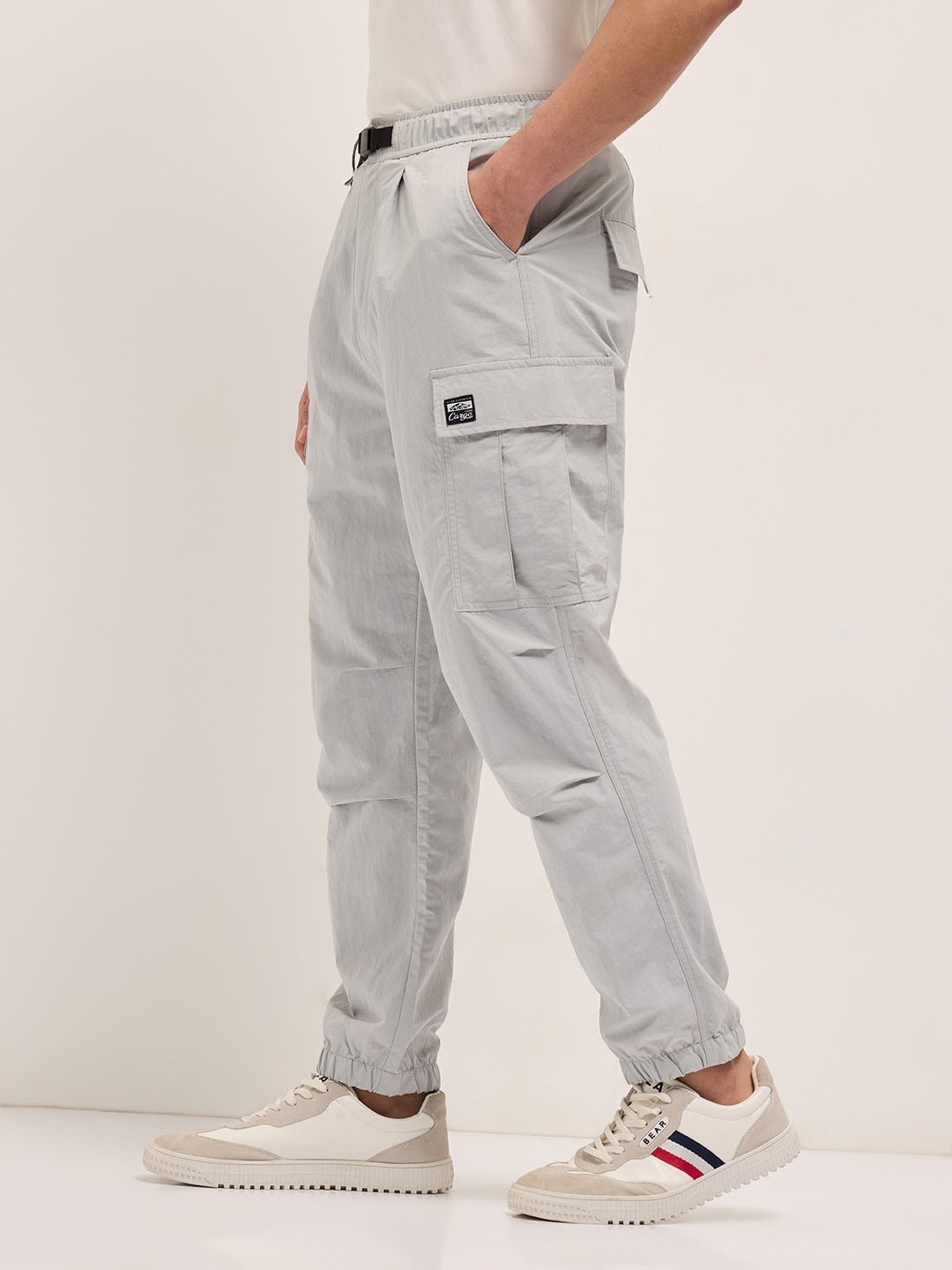 Men Grey Nylon Relaxed Fit Cargo Pants