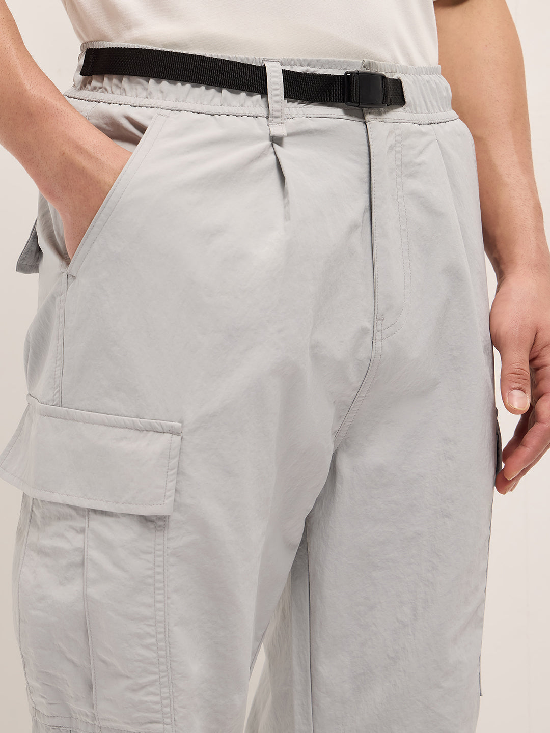 Men Grey Nylon Relaxed Fit Cargo Pants