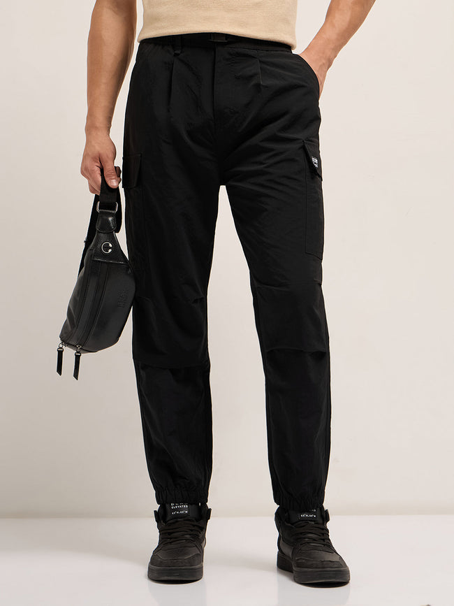 Men Black Nylon Relaxed Fit Cargo Pants