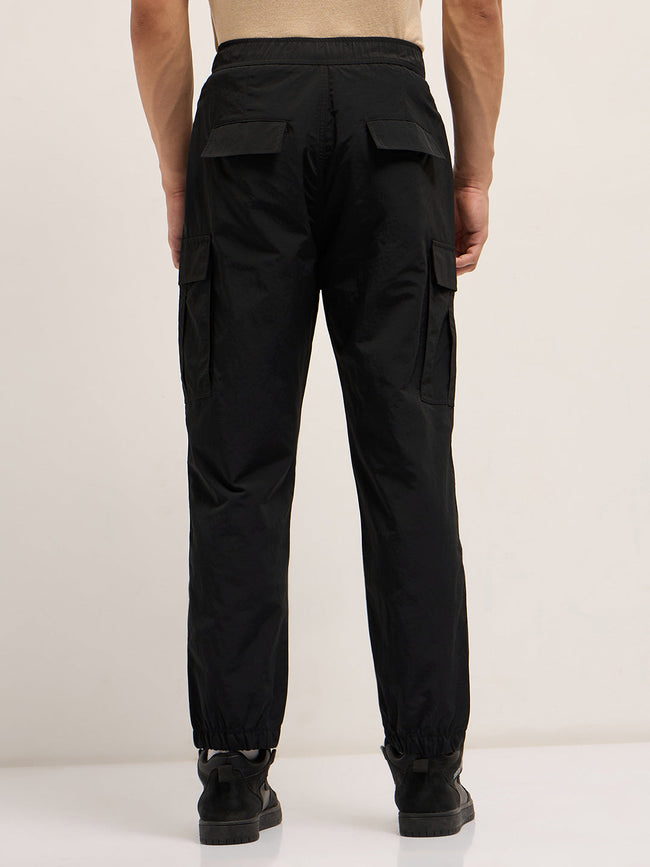 Men Black Nylon Relaxed Fit Cargo Pants