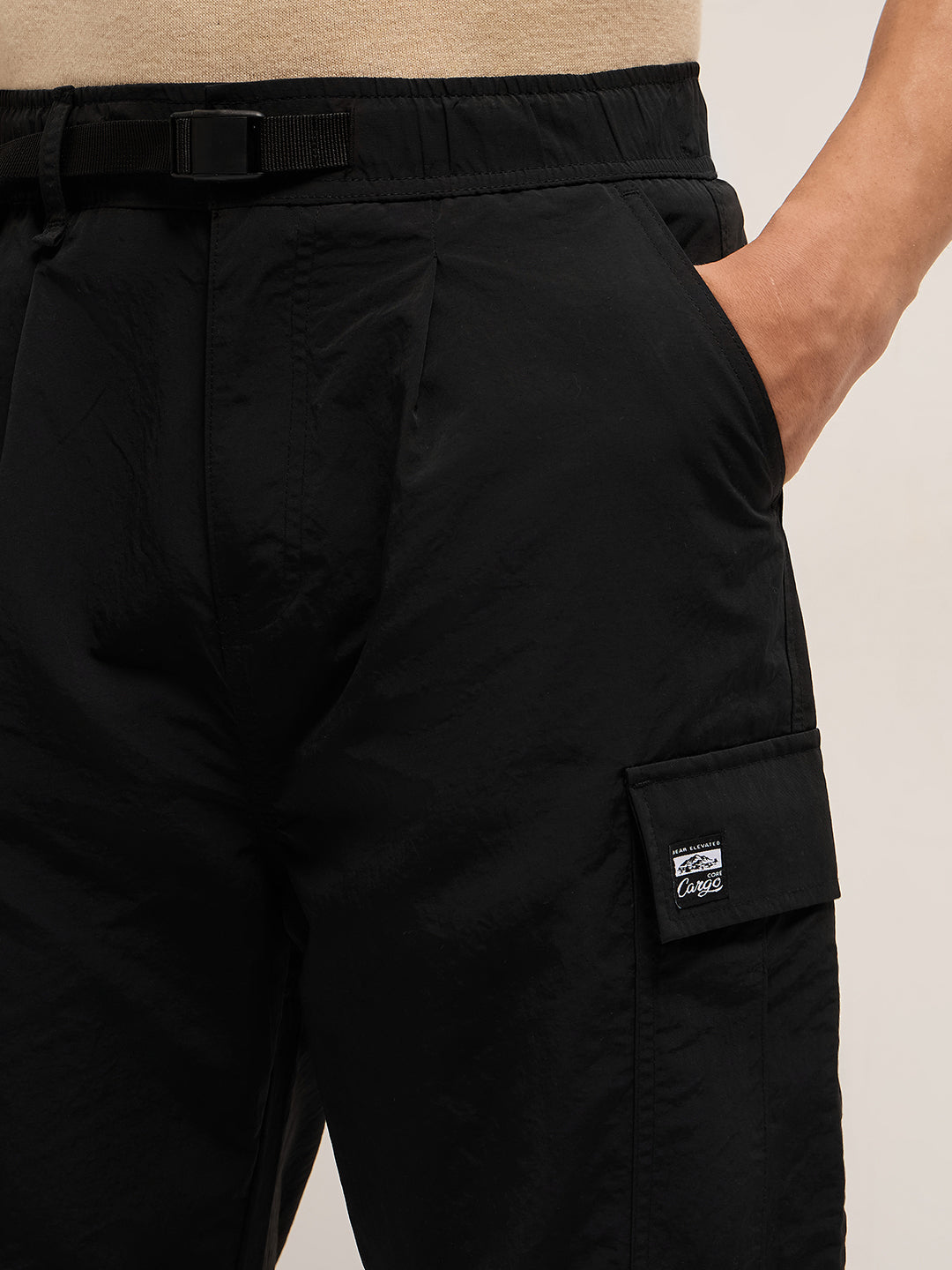 Men Black Nylon Relaxed Fit Cargo Pants