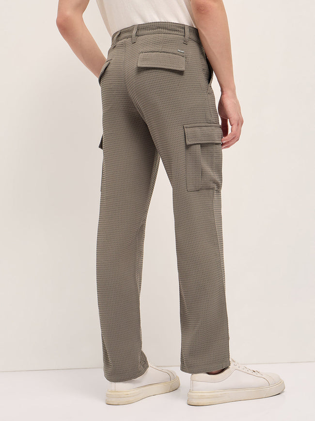 Men Olive Textured Waffle Weave Straight Fit Cargo Pants