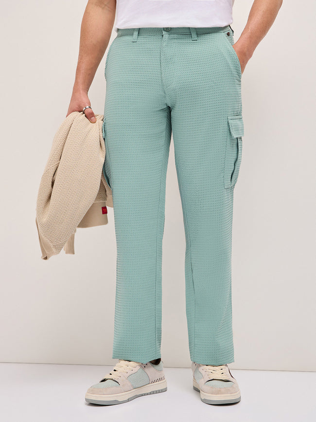 Men Teal Self Design Trouser