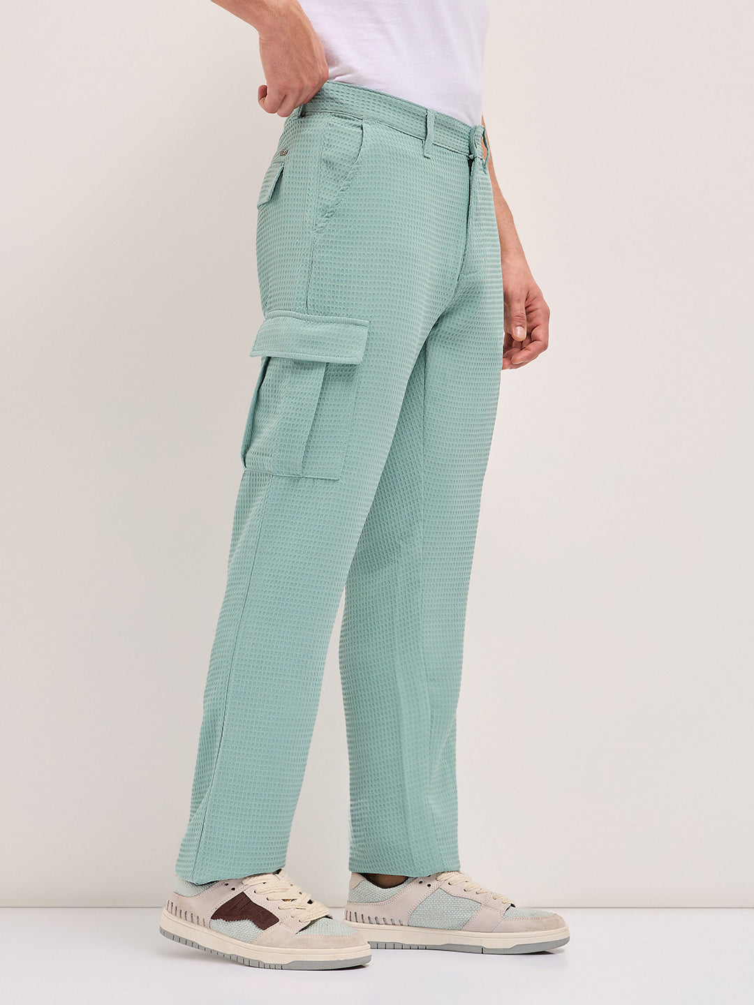 Men Teal Self Design Trouser