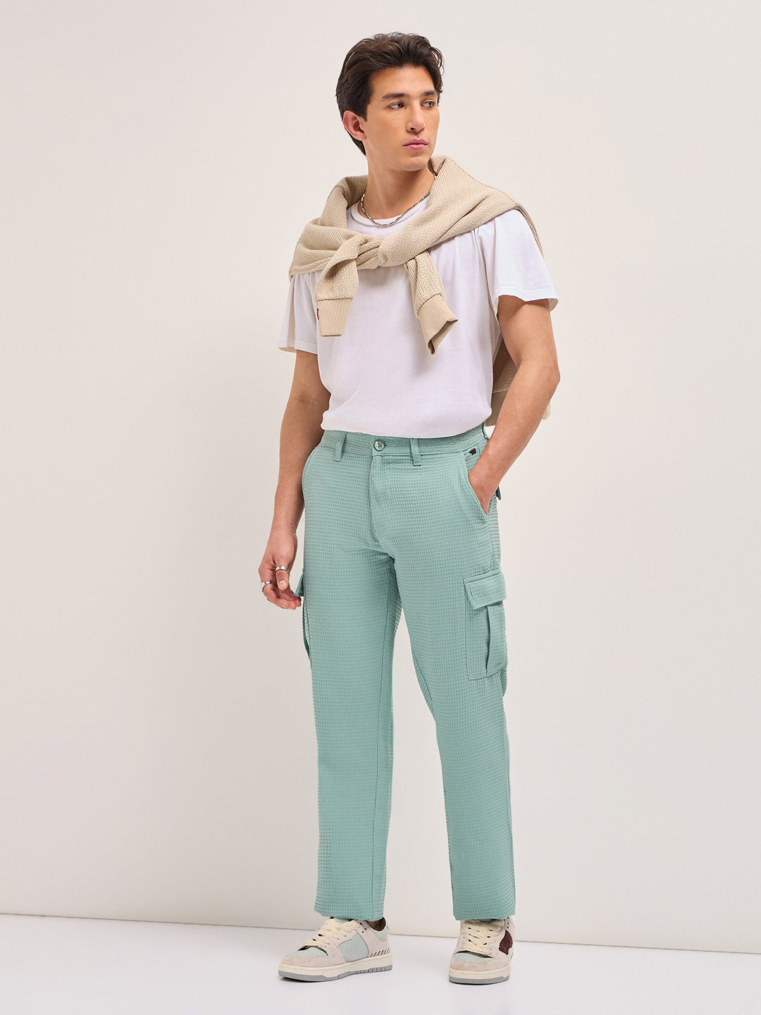 Men Teal Self Design Trouser
