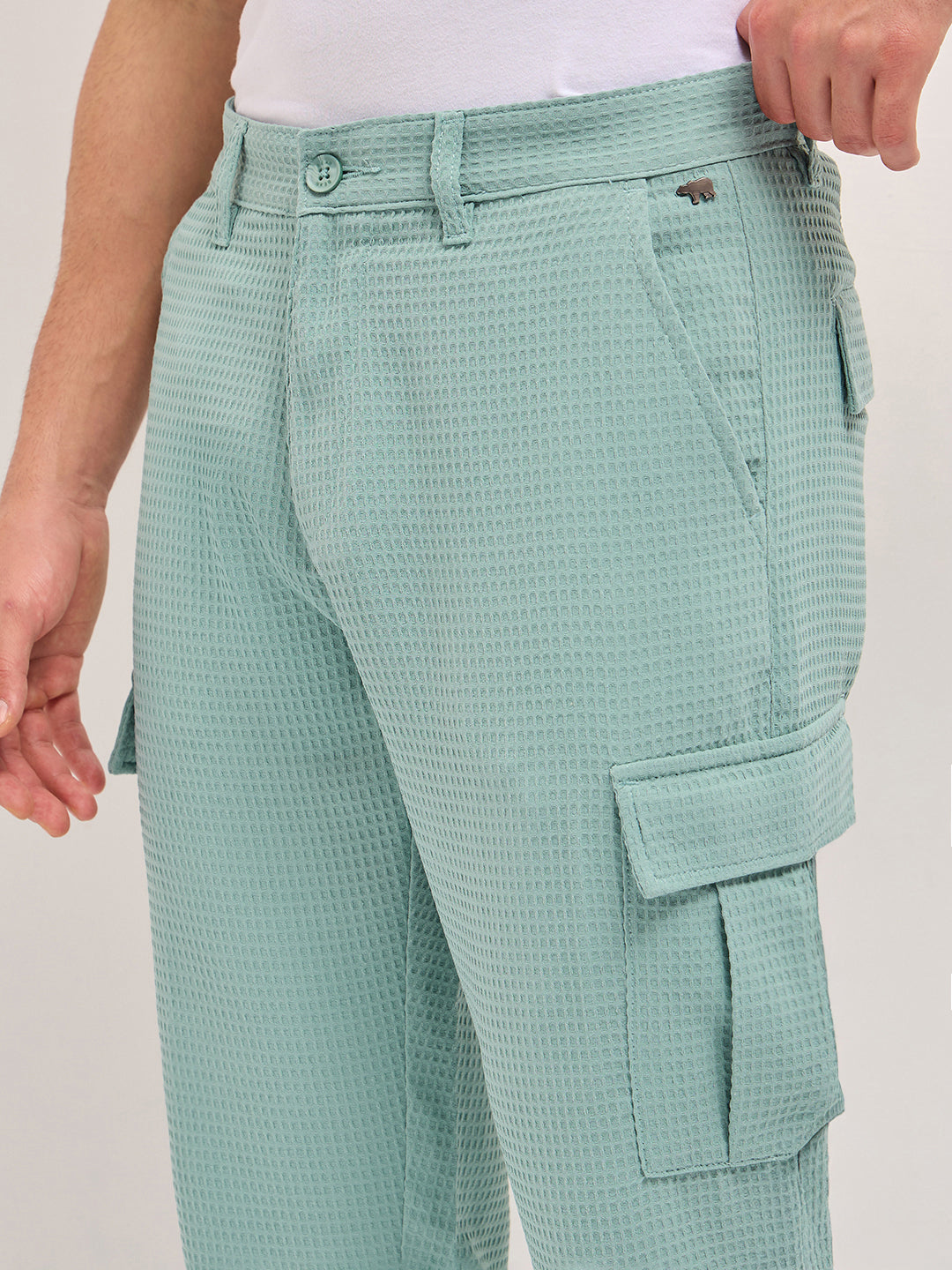 Men Teal Self Design Trouser
