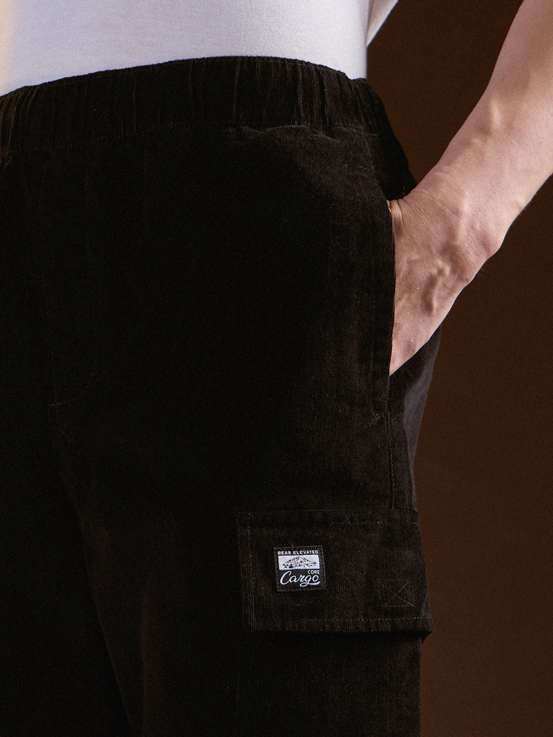 Men Black Solid Baggy Fit Stylish Corduroy Cargo Pant