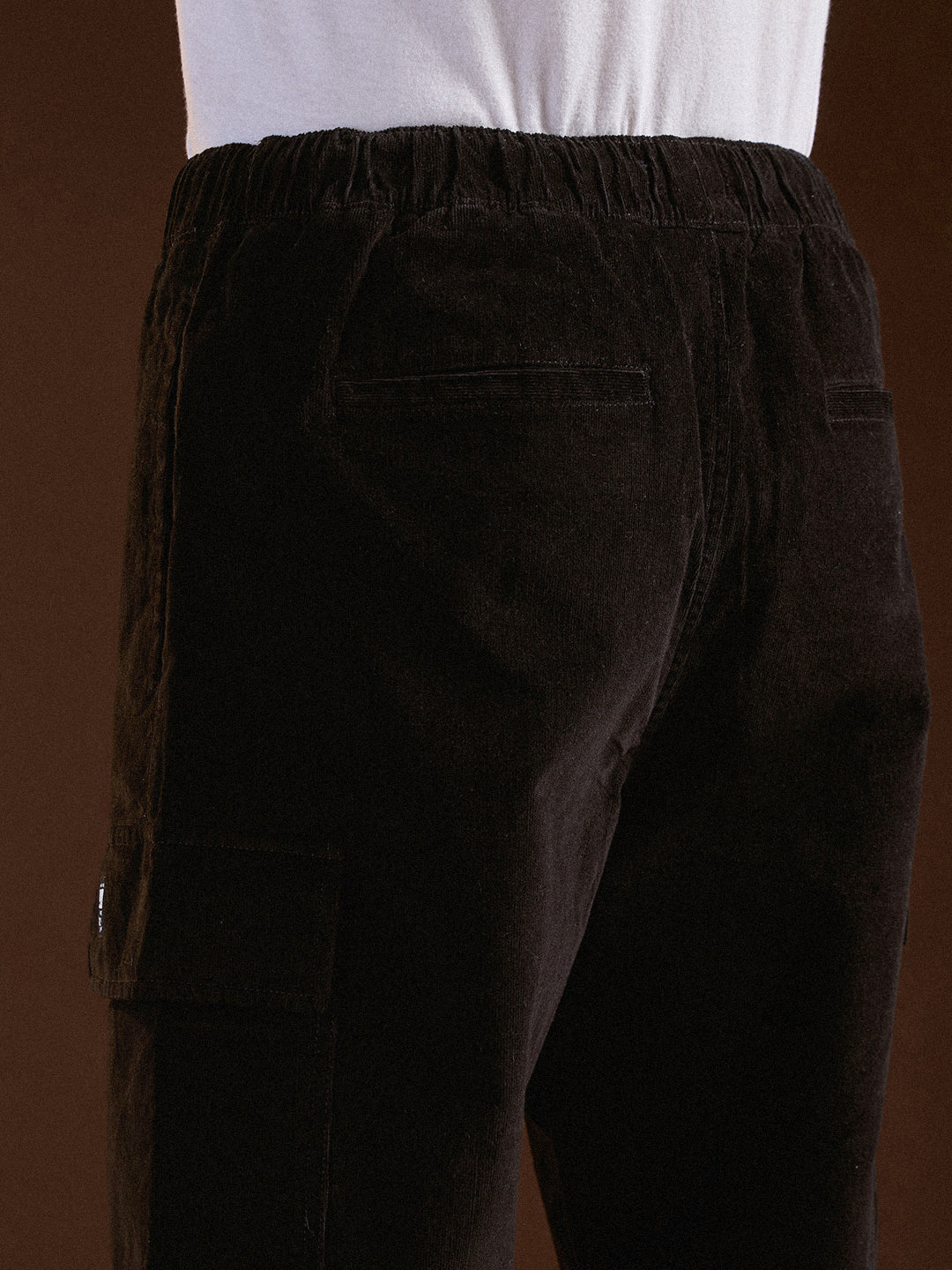Men Black Solid Baggy Fit Stylish Corduroy Cargo Pant