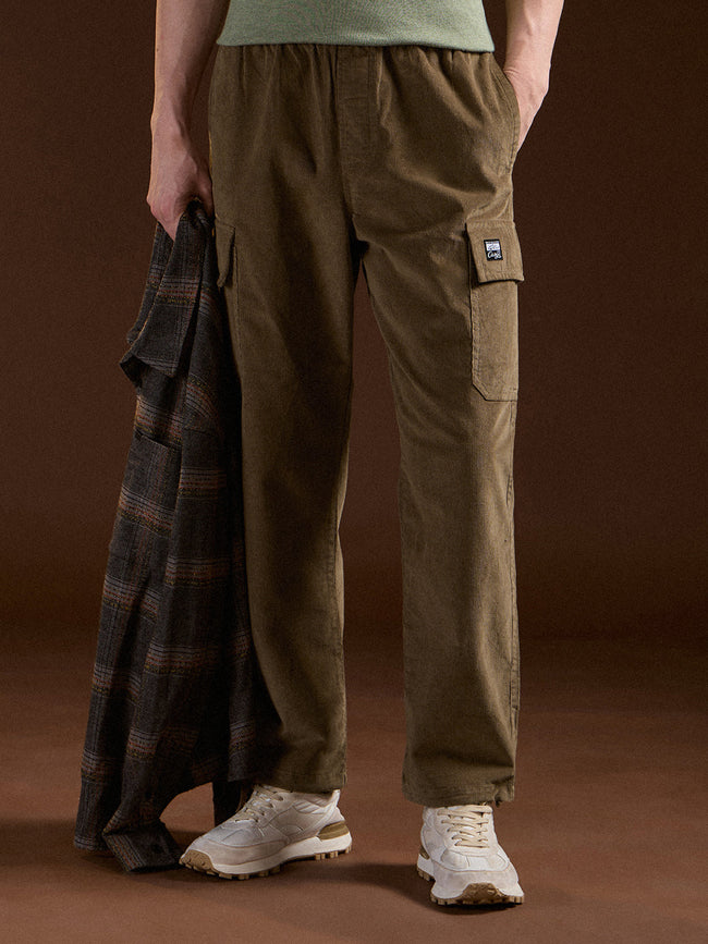 Men Khaki Solid Baggy Fit Stylish Corduroy Cargo Pant