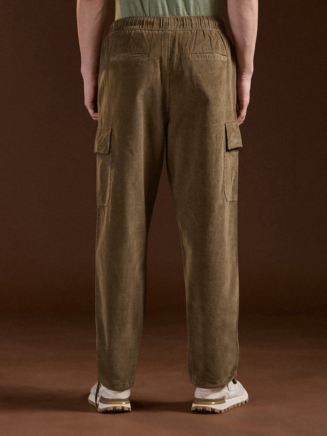 Men Khaki Solid Baggy Fit Stylish Corduroy Cargo Pant