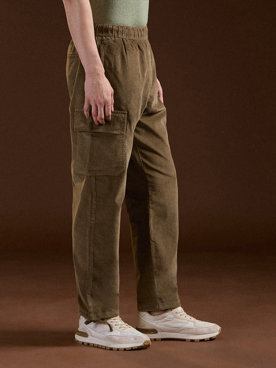 Men Khaki Solid Baggy Fit Stylish Corduroy Cargo Pant