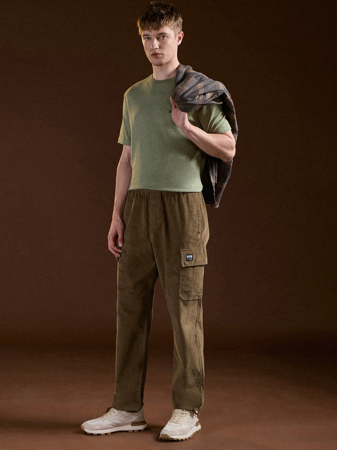 Men Khaki Solid Baggy Fit Stylish Corduroy Cargo Pant