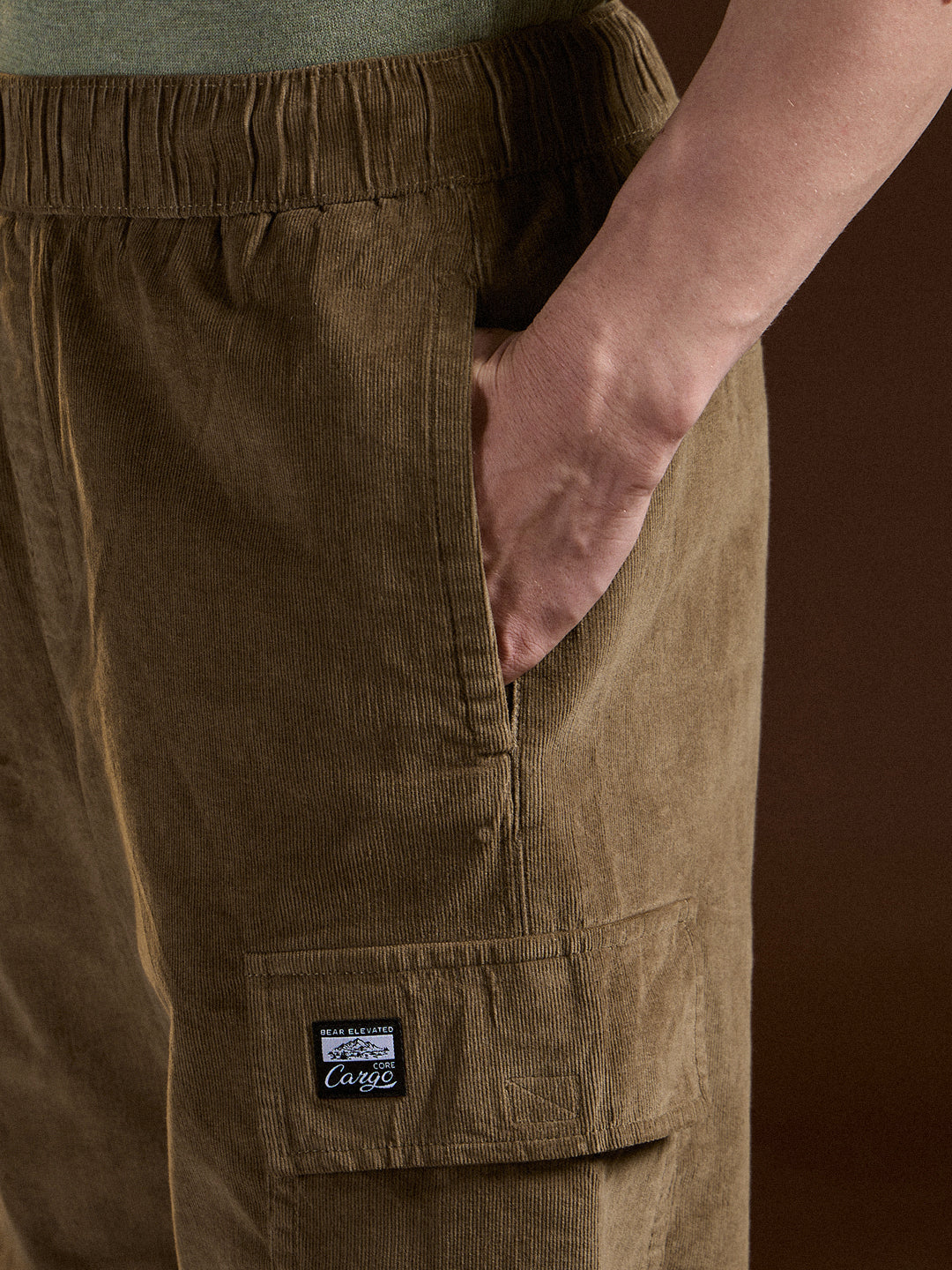 Men Khaki Solid Baggy Fit Stylish Corduroy Cargo Pant