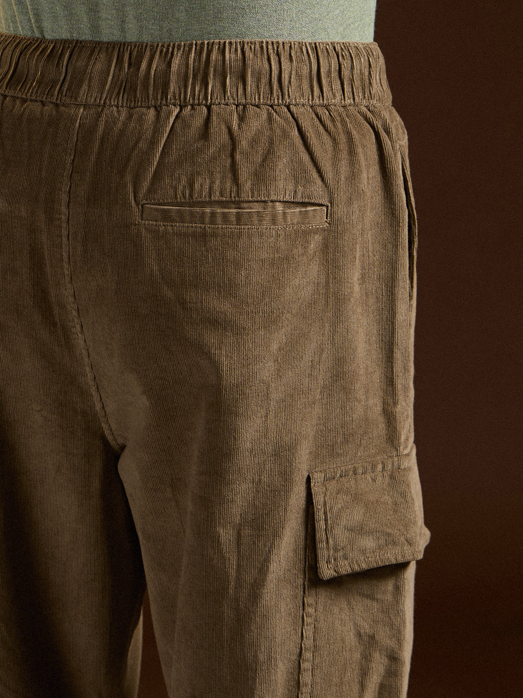 Men Khaki Solid Baggy Fit Stylish Corduroy Cargo Pant
